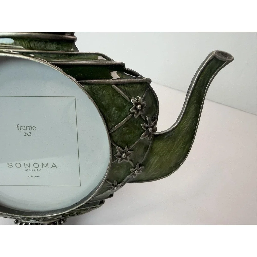 Decorative‎ Frame Teapot Genie Lamp Silver Tone Green Accent 3x3
